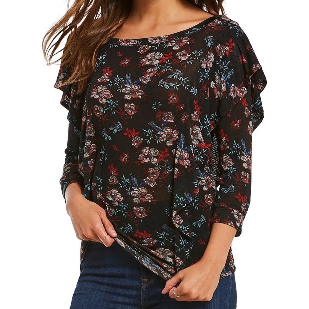 NWT New Free People Black Floral Print Ruffle Dock Street Top Sz Small